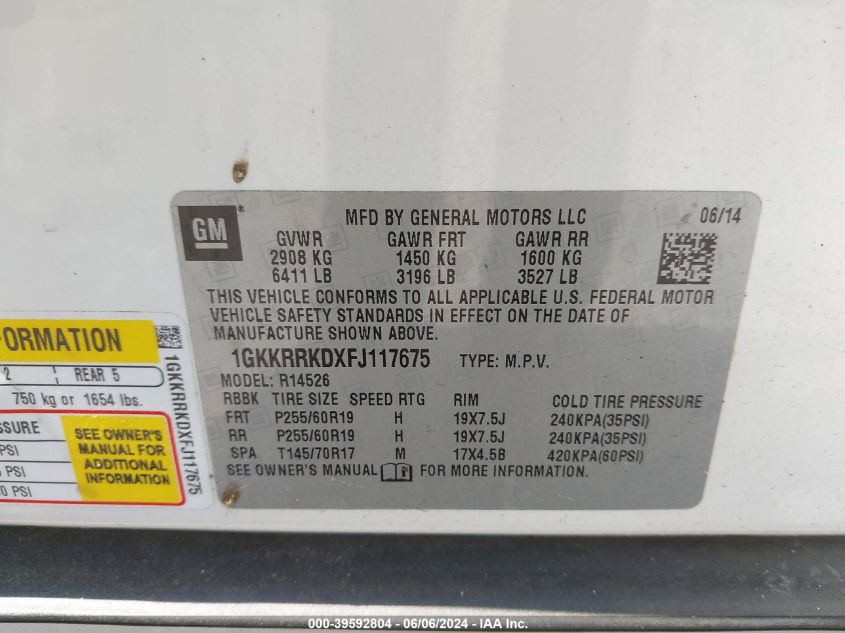 2015 GMC Acadia Slt-1 VIN: 1GKKRRKDXFJ117675 Lot: 39592804