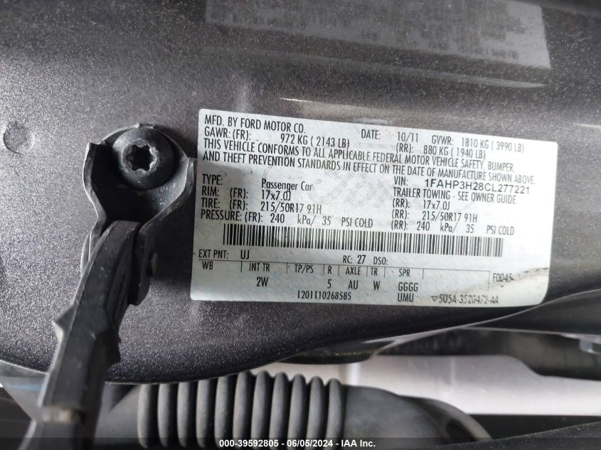 2012 Ford Focus Sel VIN: 1FAHP3H28CL277221 Lot: 39592805