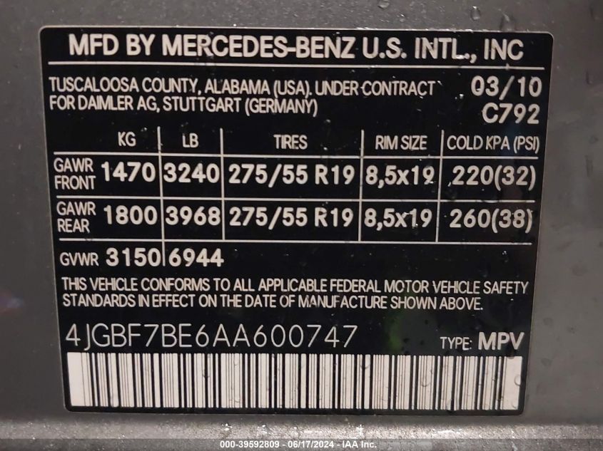 4JGBF7BE6AA600747 2010 Mercedes-Benz Gl 450 4Matic