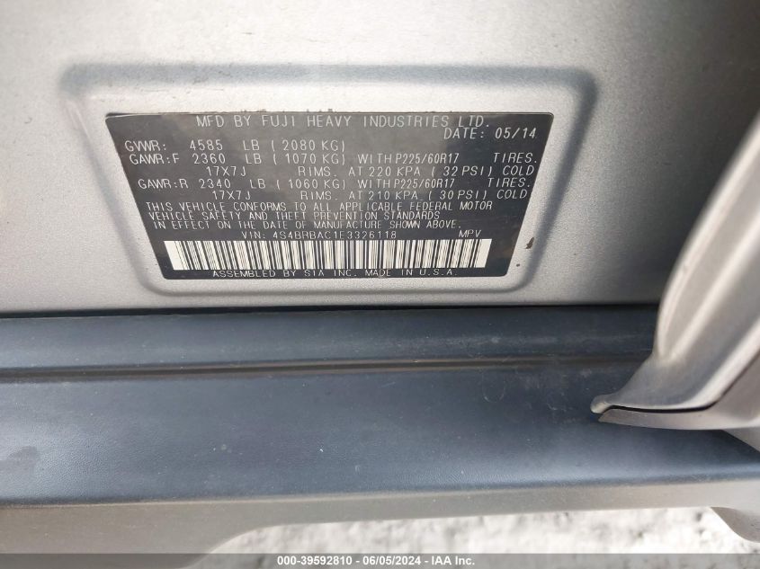 2014 Subaru Outback 2.5I VIN: 4S4BRBAC1E3326118 Lot: 39592810