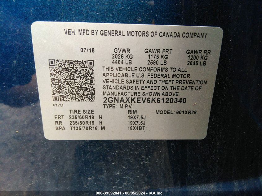 2019 Chevrolet Equinox Lt VIN: 2GNAXKEV6K6120340 Lot: 39592841