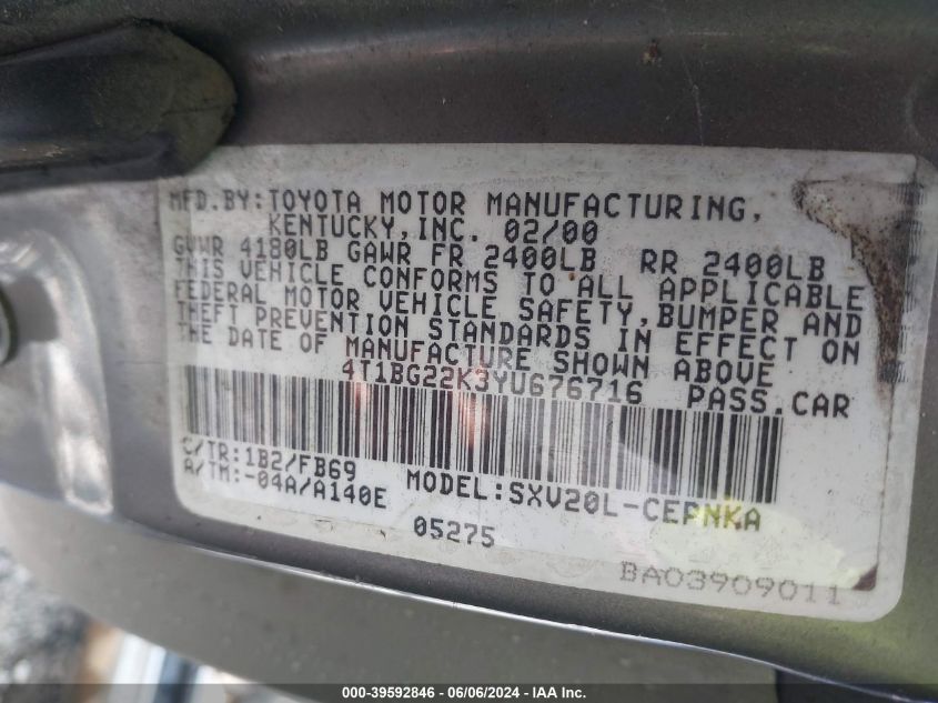 2000 Toyota Camry Le VIN: 4T1BG22K3YU676716 Lot: 39592846