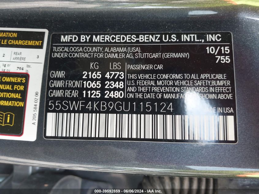 2016 Mercedes-Benz C 300 4Matic/Luxury 4Matic/Sport 4Matic VIN: 55SWF4KB9GU115124 Lot: 39592859