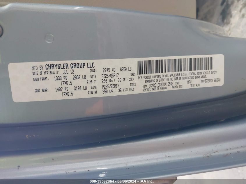 2012 Chrysler Town & Country Touring-L VIN: 2C4RC1CG6CR416562 Lot: 39592864