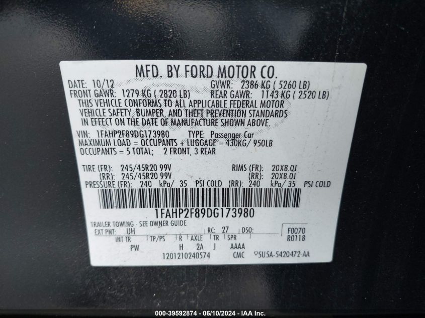 2013 Ford Taurus Limited VIN: 1FAHP2F89DG173980 Lot: 39592874