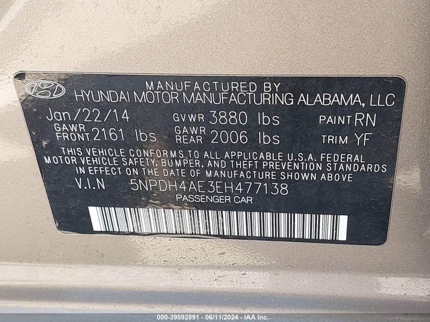2014 Hyundai Elantra Se VIN: 5NPDH4AE3EH477138 Lot: 39592891