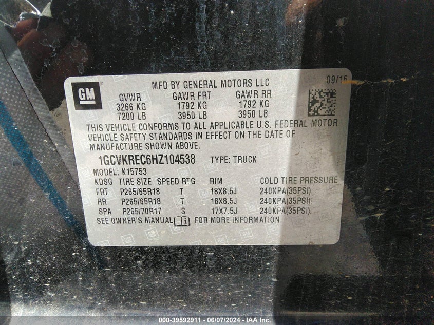 2017 Chevrolet Silverado 1500 2Lt VIN: 1GCVKREC6HZ104538 Lot: 39592911