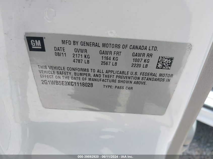 2012 Chevrolet Impala Lt VIN: 2G1WB5E3XC1118028 Lot: 39592920