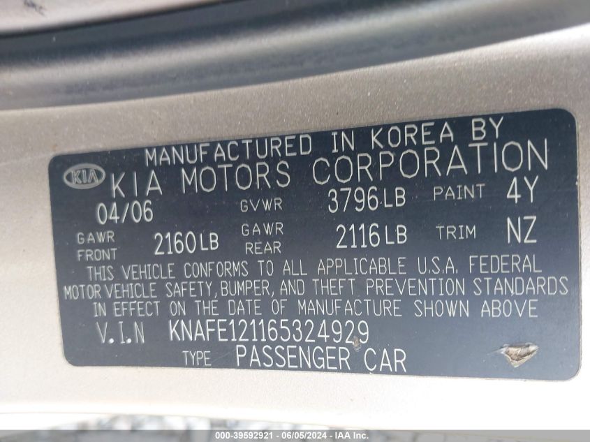 2006 Kia Spectra Ex/Lx/Sx VIN: KNAFE121165324929 Lot: 39592921