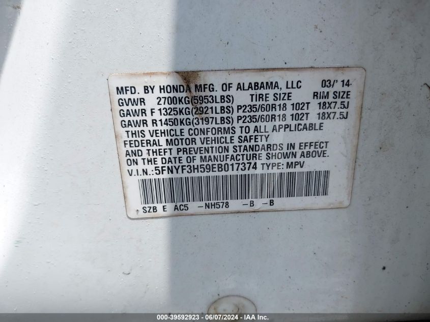 2014 Honda Pilot Ex-L VIN: 5FNYF3H59EB017374 Lot: 39592923