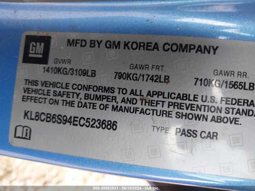2014 Chevrolet Spark Ls Auto VIN: KL8CB6S94EC523686 Lot: 39592931