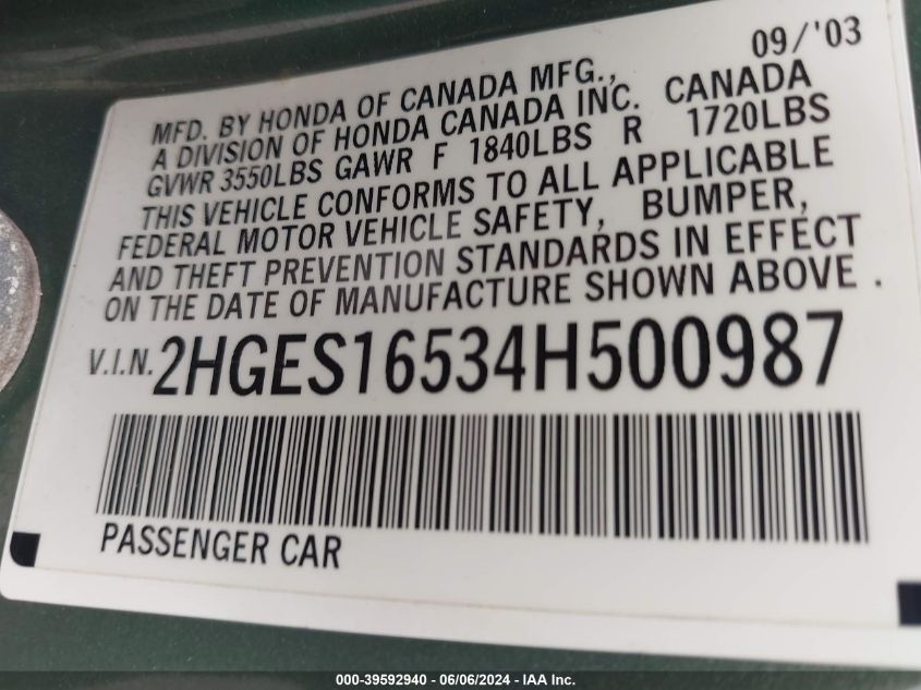 2004 Honda Civic Lx VIN: 2HGES16534H500987 Lot: 39592940