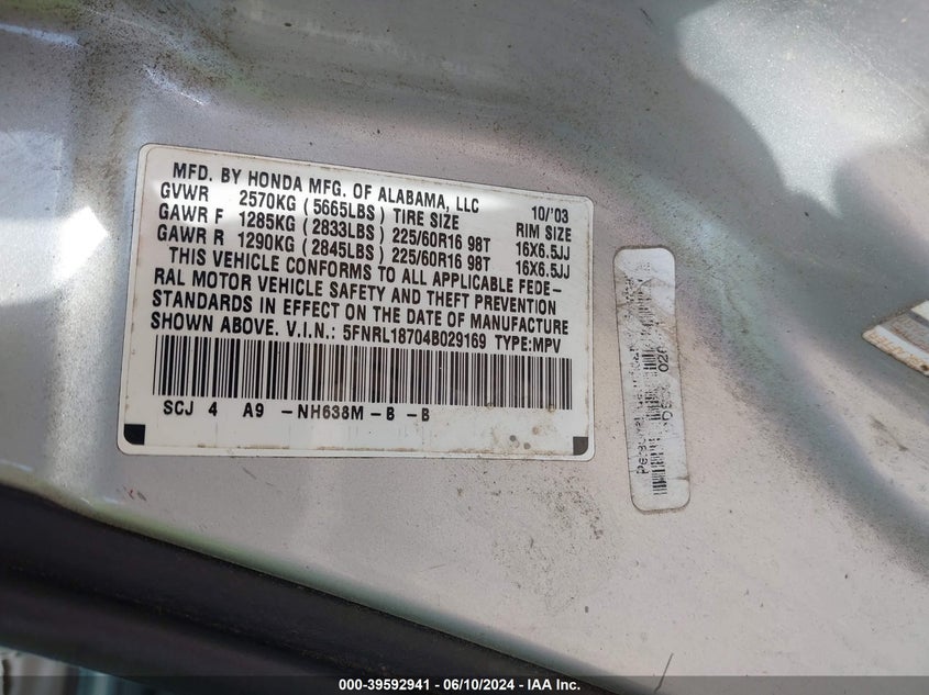 2004 Honda Odyssey Ex-L VIN: 5FNRL18704B029169 Lot: 39592941