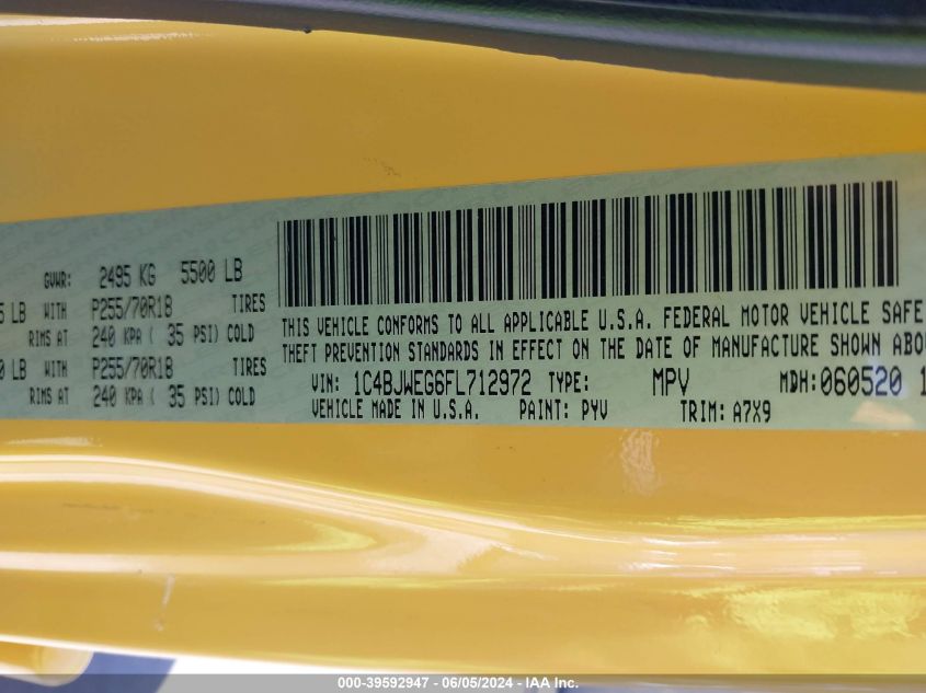 2015 Jeep Wrangler Unlimited Sahara VIN: 1C4BJWEG6FL712972 Lot: 39592947