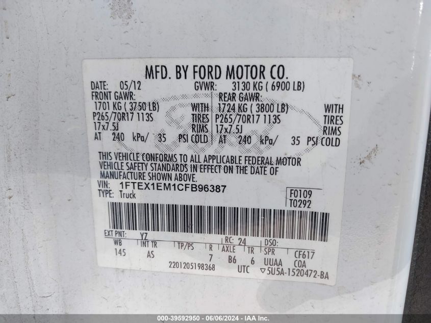 2012 Ford F-150 Xl VIN: 1FTEX1EM1CFB96387 Lot: 39592950