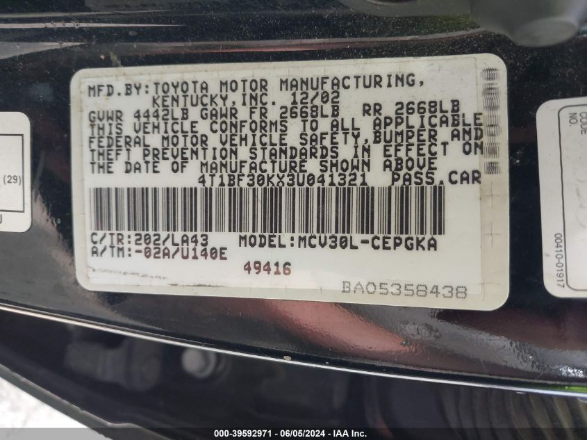 2003 Toyota Camry Xle V6 VIN: 4T1BF30KX3U041321 Lot: 39592971