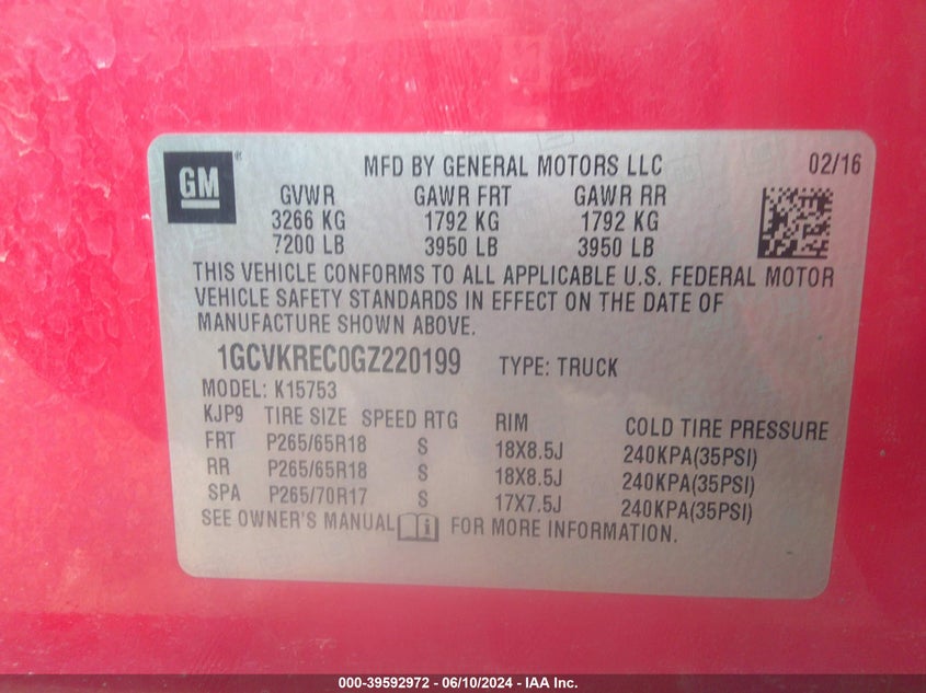 2016 Chevrolet Silverado 1500 2Lt VIN: 1GCVKREC0GZ220199 Lot: 39592972