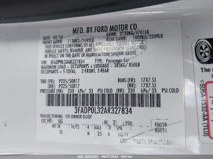 2010 Ford Fusion Hybrid VIN: 3FADP0L32AR327834 Lot: 39592982