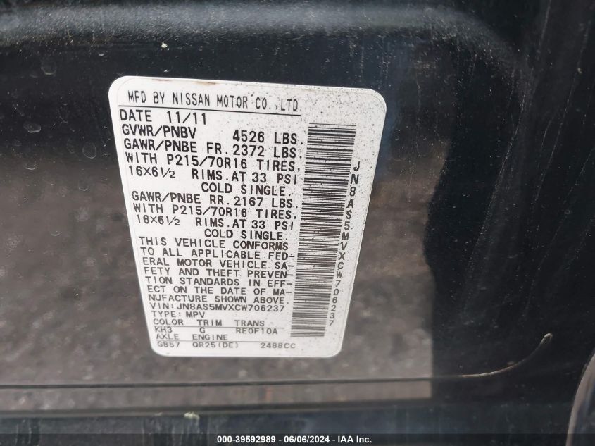 2012 Nissan Rogue S VIN: JN8AS5MVXCW706237 Lot: 39592989