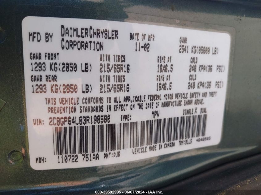 2003 Chrysler Town & Country Limited VIN: 2C8GP64L83R198580 Lot: 39592995