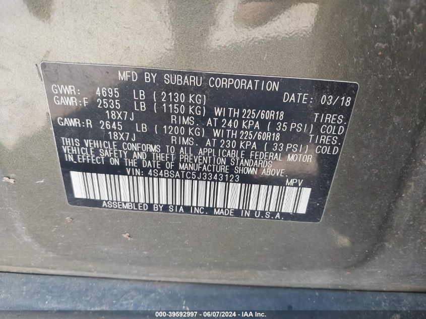 2018 Subaru Outback 2.5I Touring VIN: 4S4BSATC5J3343123 Lot: 39592997