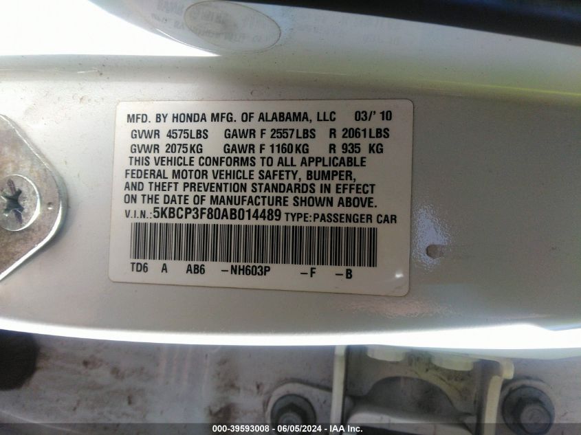 2010 Honda Accord 3.5 Ex-L VIN: 5KBCP3F80AB014489 Lot: 39593008