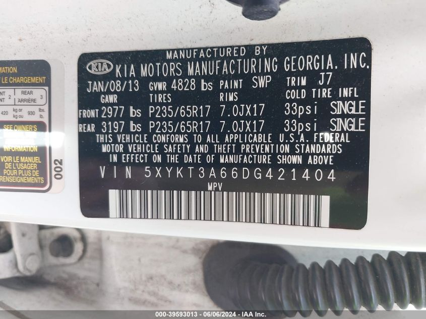 2013 Kia Sorento Lx VIN: 5XYKT3A66DG421404 Lot: 39593013