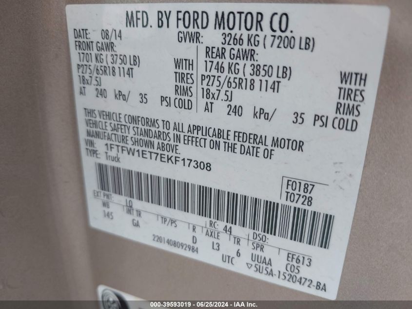 2014 Ford F150 Supercrew VIN: 1FTFW1ET7EKF17308 Lot: 39593019