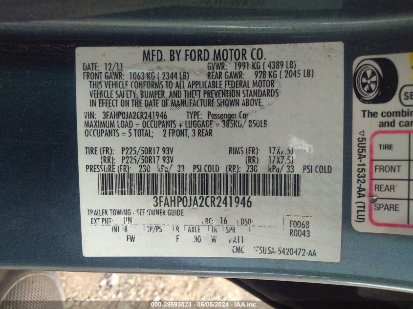 2012 Ford Fusion Sel VIN: 3FAHP0JA2CR241946 Lot: 39593023