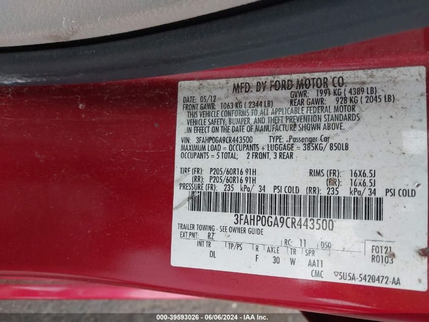 2012 Ford Fusion S VIN: 3FAHP0GA9CR443500 Lot: 39593026