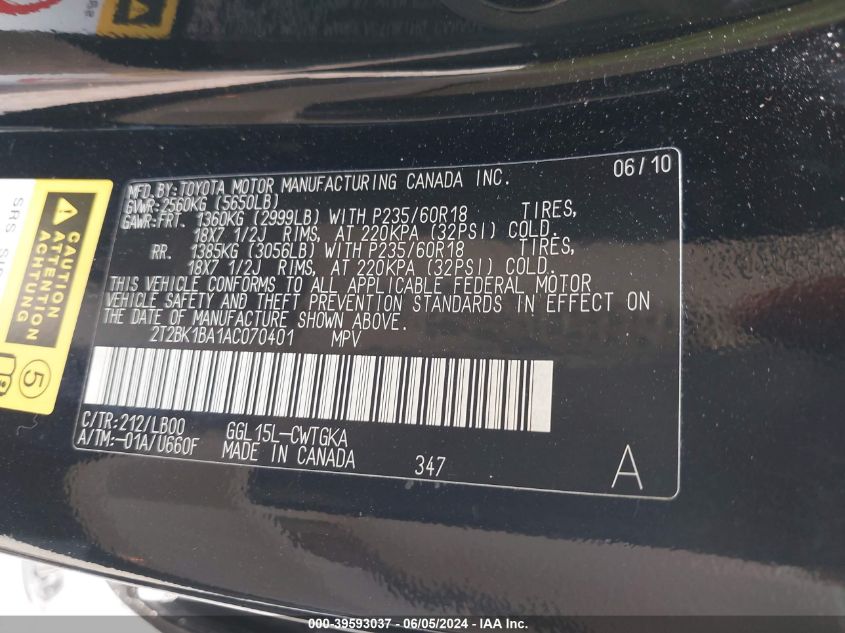 2010 Lexus Rx 350 VIN: 2T2BK1BA1AC070401 Lot: 39593037