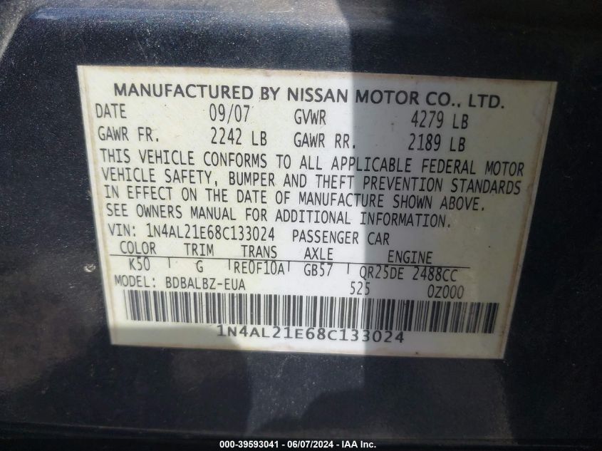 2008 Nissan Altima 2.5 S VIN: 1N4AL21E68C133024 Lot: 39593041