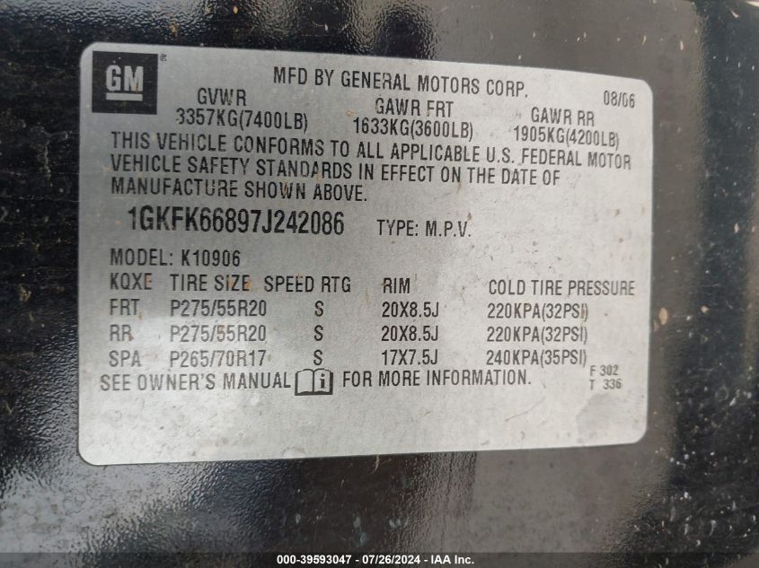 2007 GMC Yukon Xl 1500 Denali VIN: 1GKFK66897J242086 Lot: 39593047