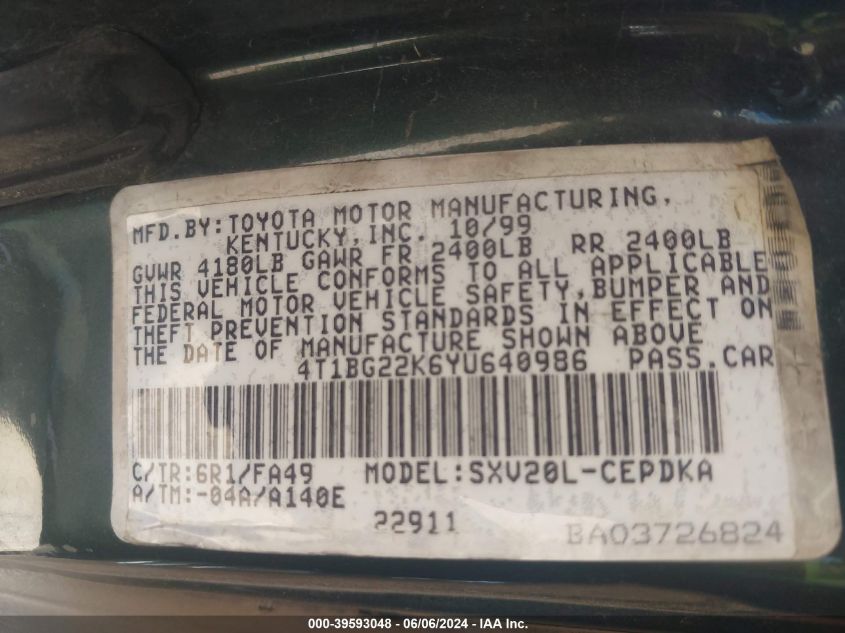 2000 Toyota Camry Ce VIN: 4T1BG22K6YU640986 Lot: 39593048