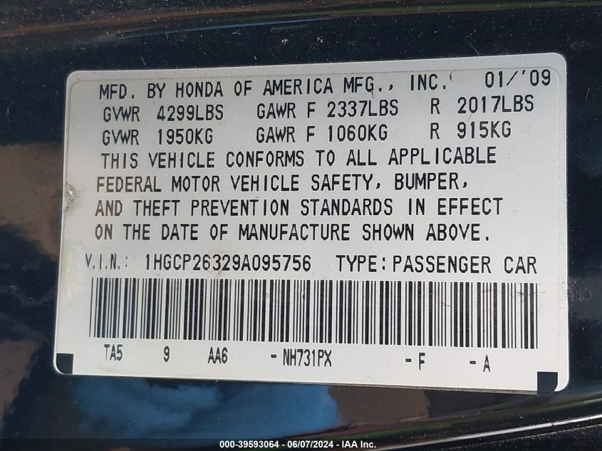 2009 Honda Accord 2.4 Lx VIN: 1HGCP26329A095756 Lot: 39593064