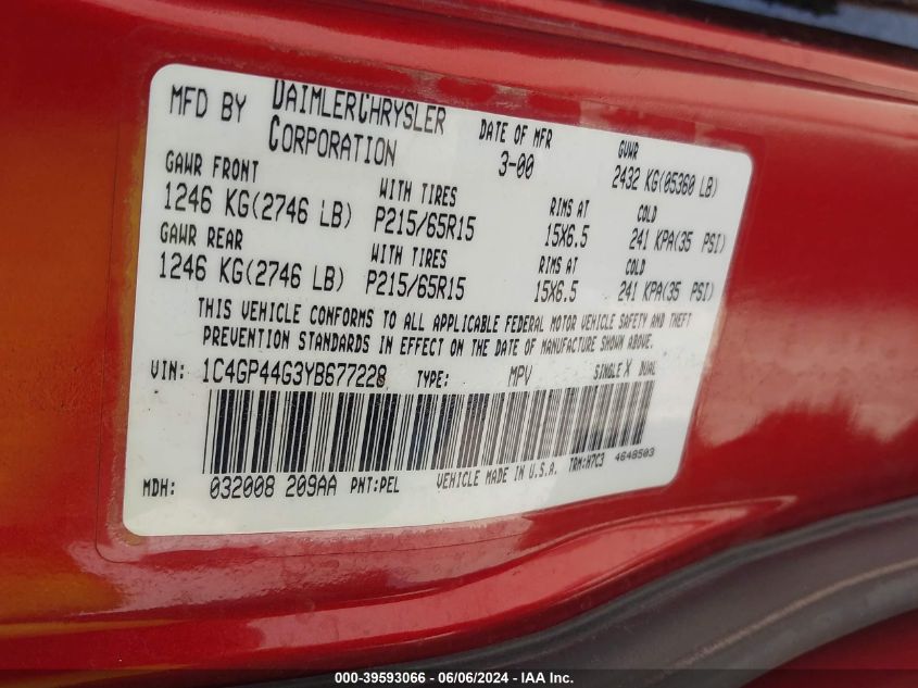 2000 Chrysler Town & Country Lx VIN: 1C4GP44G3YB677228 Lot: 39593066