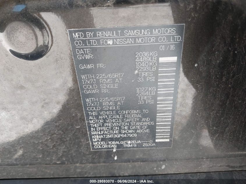 2016 Nissan Rogue Sv VIN: KNMAT2MT3GP647909 Lot: 39593070