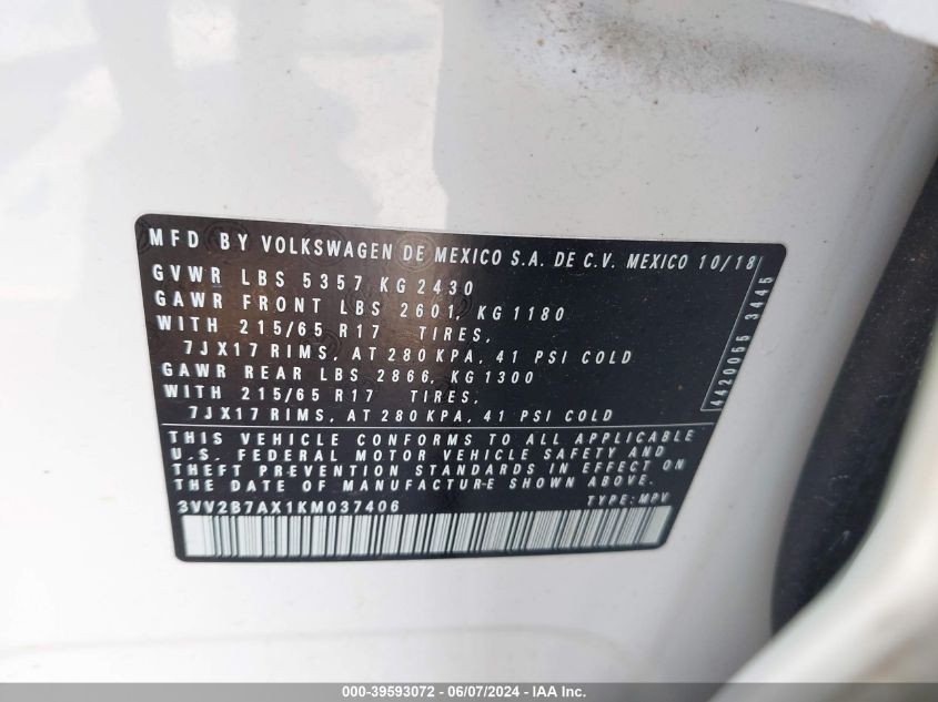 2019 Volkswagen Tiguan 2.0T Se/2.0T Sel/2.0T Sel R-Line/2.0T Sel R-Line Black VIN: 3VV2B7AX1KM037406 Lot: 39593072