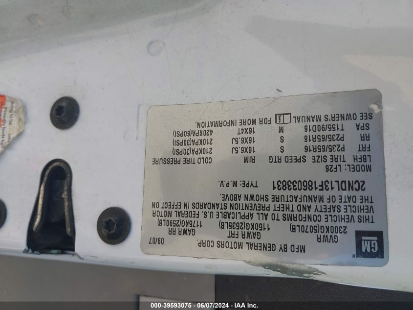 2008 Chevrolet Equinox Ls VIN: 2CNDL13F186033831 Lot: 39593075