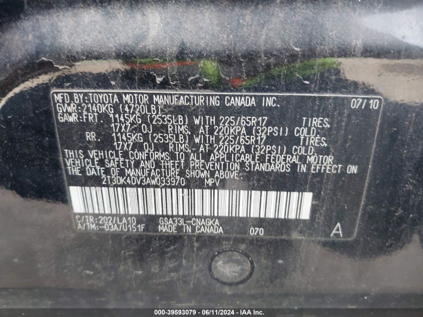 2010 Toyota Rav4 Limited V6 VIN: 2T3DK4DV3AW033970 Lot: 39593079