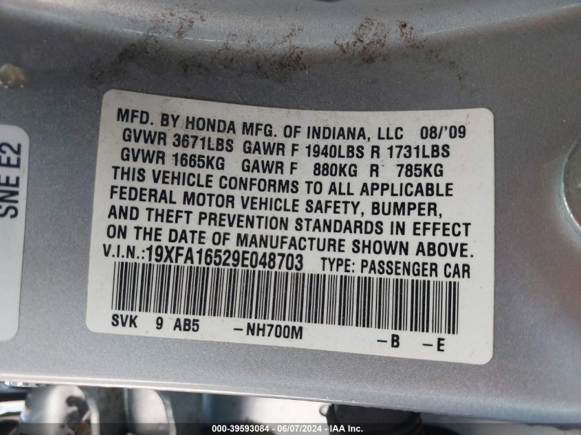 2009 Honda Civic Lx VIN: 19XFA16529E048703 Lot: 39593084