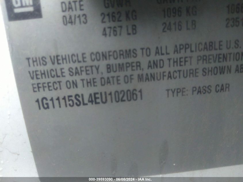 2014 Chevrolet Impala 1Lt VIN: 1G1115SL4EU102061 Lot: 39593090
