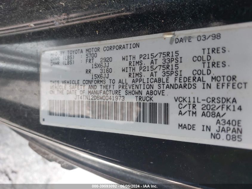 1998 Toyota T100 Dx V6 VIN: JT4TN12D6W0041973 Lot: 39593092