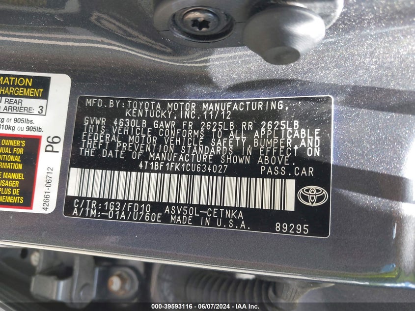 2012 Toyota Camry Le VIN: 4T1BF1FK1CU634027 Lot: 39593116