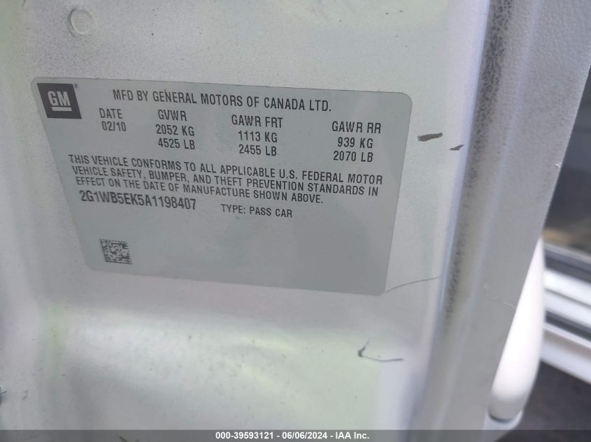 2010 Chevrolet Impala Lt VIN: 2G1WB5EK5A1198407 Lot: 39593121