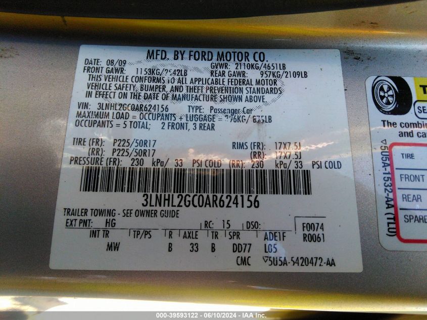 2010 Lincoln Mkz VIN: 3LNHL2GC0AR624156 Lot: 39593122