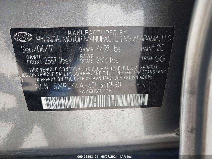 2018 Hyundai Sonata Sel VIN: 5NPE34AF6JH650530 Lot: 39593124
