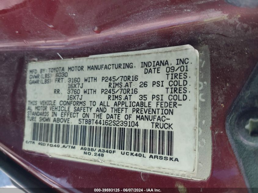 2002 Toyota Tundra Sr5 V8 VIN: 5TBBT44162S239104 Lot: 39593125