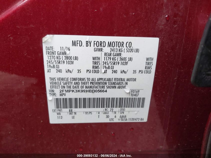 2017 Ford Edge Titanium VIN: 2FMPK3K99HBB05664 Lot: 39593132