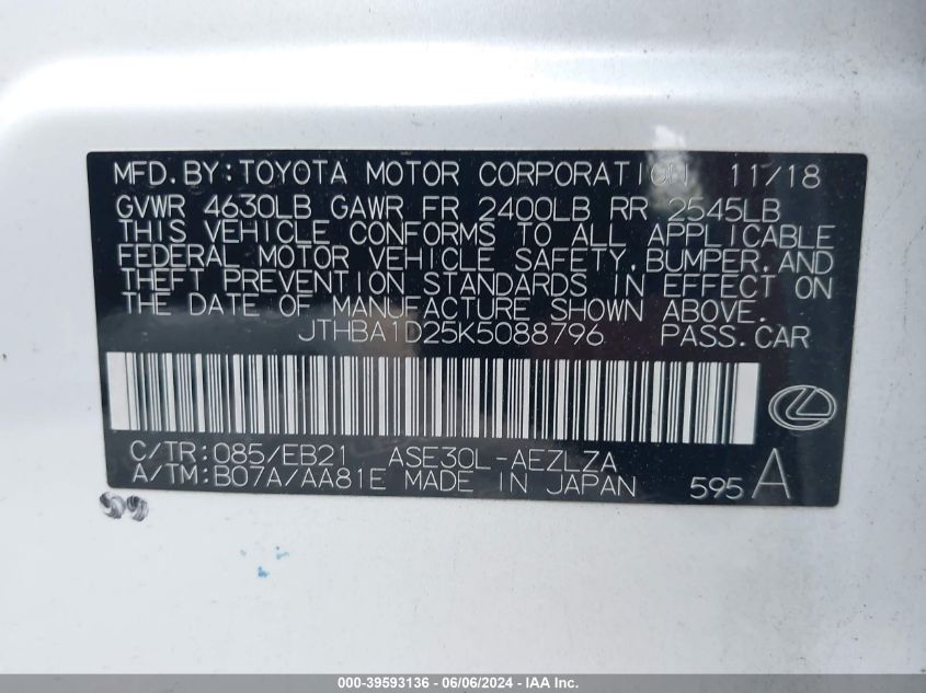 2019 Lexus Is 300 VIN: JTHBA1D25K5088796 Lot: 39593136